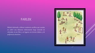 FARLEK
Método destinado a obtener resistencia aeróbica que consiste
en cubrir una distancia relativamente larga variando de
velocidad, al aire libre y en lugares con terreno elástico y de
preferencia atractivos.
 