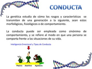 La genética estudia de cómo los rasgos y características se
transmiten de una generación a la siguiente, sean estos
morfológicos, fisiológicos o de comportamiento.
La conducta puede ser empleada como sinónimo de
comportamiento, y se refiere al modo en que una persona se
comporta frente a las situaciones de su vida.
Inteligencia Emocional y Tipos de Conducta
 