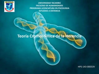 HPS-143-00053V
Teoría Cromosómica de la Herencia
UNIVERSIDAD YACAMBÚ
FACULTAD DE HUMANIDADES
PROGRAMA LICENCIATURA EN PSICOLOGIA
ESTUDIOS A DISTANCIA
 