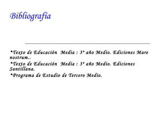 Bibliografía Texto de Educación  Media : 3º año Medio. Ediciones Mare nostrum.. Texto de Educación  Media : 3º año Medio. Ediciones Santillana. Programa de Estudio de Tercero Medio. 
