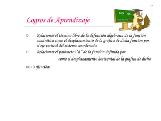 Logros de Aprendizaje Relacionar el término libre de la definición algebraica de la función cuadrática como el desplazamiento de la gráfica de dicha función por el eje vertical del sistema coordenado. Relacionar el parámetro “h” de la función definida por  como el desplazamiento horizontal de la grafica de dicha función.   