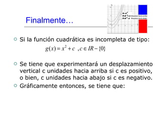 Finalmente… Si la función cuadrática es incompleta de tipo:  Se tiene que experimentará un desplazamiento vertical c unidades hacia arriba si c es positivo, o bien, c unidades hacia abajo si c es negativo. Gráficamente entonces, se tiene que:  