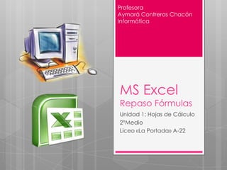 Profesora
Aymará Contreras Chacón
Informática




MS Excel
Repaso Fórmulas
Unidad 1: Hojas de Cálculo
2°Medio
Liceo «La Portada» A-22
 
