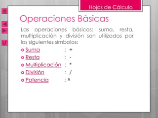 Hojas de Cálculo

Operaciones Básicas
Las operaciones básicas: suma, resta,
multiplicación y división son utilizadas por
los siguientes símbolos:
 Suma            : +
 Resta           : -
 Multiplicación : *
 División        : /
 Potencia        :^
 