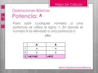 Hojas de Cálculo
Operaciones Básicas
Potencia: ^
Para subir cualquier número a una
potencia se utiliza el signo ^. En donde el
número X es elevado a una potencia n.
                    X^n

              A             B
       1      4             4
       2      2             2
       3 =A1^A2      =4^2



                                Menú Operaciones Básicas
 