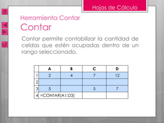 Hojas de Cálculo
Herramienta Contar
Contar
Contar permite contabilizar la cantidad de
celdas que estén ocupadas dentro de un
rango seleccionado.


          A        B     C       D
     1    2        4     7       12
     2
     3    5              5       7
     4 =CONTAR(A1:D3)
 