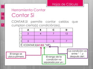 Hojas de Cálculo
  Herramienta Contar
  Contar Si
  CONTAR.SI permite contar celdas                        que
  cumplan cierta(s) condición(es).
                A         B           C           D
          1     2         4           7           12
          2
          3     5                     5           7
          4 =CONTAR.SI(A1:D3; ">5")

                                                       La condición va
 El rango se                                              entre " ", y
ubica primero                   El rango de la          después del ;
                                condición va
                              separada por un ;
 