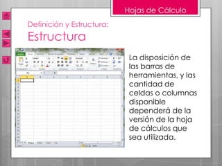 Hojas de Cálculo
Definición y Estructura:
Estructura
                            La disposición de
                            las barras de
                            herramientas, y las
                            cantidad de
                            celdas o columnas
                            disponible
                            dependerá de la
                            versión de la hoja
                            de cálculos que
                            sea utilizada.
 