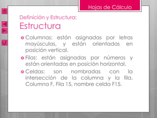 Hojas de Cálculo
Definición y Estructura:
Estructura
 Columnas:    están asignadas por letras
  mayúsculas, y están orientadas en
  posición vertical.
 Filas: están asignadas por números y
  están orientadas en posición horizontal.
 Celdas:    son     nombradas     con     la
  intersección de la columna y la fila.
  Columna F, Fila 15, nombre celda F15.
 