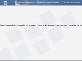 Proyectos Comunidad Tractora asociada a los Desafíos Guadalinfo   Consorcio “Fernando de los Ríos “  Nº actores de organizaciones público-privadas implicadas:  Ayuntamientos y bibliotecas públicas. Indicadores de impacto específicos (nº puestos de trabajo activados, impacto económico local, etc): En cuanto los indicadores de impacto económico, al ser un proyecto cultural, no supone ningún tipo de mejora económica ni creación de empleo; lo que sí va a suponer es una gran creación de contenido en internet a través de la propia web del proyecto y de blogs que crearán los usuarios participantes. 