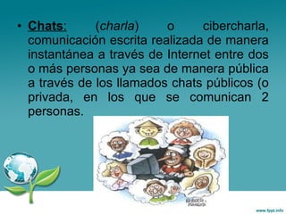 Chats :  ( charla ) o cibercharla, comunicación escrita realizada de manera instantánea a través de Internet entre dos o más personas ya sea de manera pública a través de los llamados chats públicos (o privada, en los que se comunican 2 personas. 