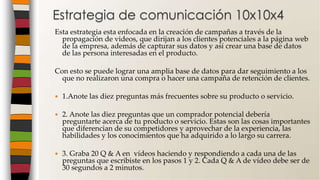 Esta estrategia esta enfocada en la creación de campañas a través de la
propagación de videos, que dirijan a los clientes potenciales a la página web
de la empresa, además de capturar sus datos y así crear una base de datos
de las persona interesadas en el producto.
Con esto se puede lograr una amplia base de datos para dar seguimiento a los
que no realizaron una compra o hacer una campaña de retención de clientes.
 1.Anote las diez preguntas más frecuentes sobre su producto o servicio.
 2. Anote las diez preguntas que un comprador potencial debería
preguntarte acerca de tu producto o servicio. Estas son las cosas importantes
que diferencian de su competidores y aprovechar de la experiencia, las
habilidades y los conocimientos que ha adquirido a lo largo su carrera.
 3. Graba 20 Q & A en vídeos haciendo y respondiendo a cada una de las
preguntas que escribiste en los pasos 1 y 2. Cada Q & A de vídeo debe ser de
30 segundos a 2 minutos.
Estrategia de comunicación 10x10x4
 