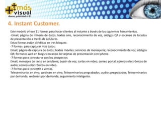 4. Instant Customer.
Este modelo ofrece 21 formas para hacer clientes al instante a través de las siguientes herramientas.
-Email; página de minería de datos, textos sms, reconocimiento de voz, códigos QR y escaneo de tarjetas
de presentación a través de celulares.
Estas formas están divididas en tres bloques:
-7 formas para capturar más datos;
Email; página de captura de datos; textos móviles; servicios de mensajería; reconocimiento de voz; códigos
QR; formatos web en blogs y escaneo de tarjetas de presentación con Iphone.
-7 formas para conectarse con los prospectos
Email; mensajes de texto en celulares; buzón de voz; cartas en video; correo postal; correos electrónicos de
audio; correos electrónicos en video.
-7 formas para convertir a ventas.
Teleseminarios en vivo; webinars en vivo; Teleseminarios pregrabados; audios pregrabados; Teleseminarios
por demanda; webinars por demanda; seguimiento inteligente.
 
