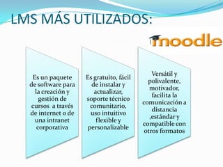 LMS MÁS UTILIZADOS:
Es un paquete
de software para
la creación y
gestión de
cursos a través
de internet o de
una intranet
corporativa
Es gratuito, fácil
de instalar y
actualizar,
soporte técnico
comunitario,
uso intuitivo
flexible y
personalizable
Versátil y
polivalente,
motivador,
facilita la
comunicación a
distancia
,estándar y
compatible con
otros formatos
 