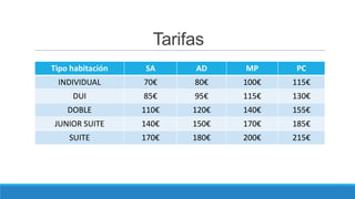 Tarifas
Tipo habitación

SA

AD

MP

PC

INDIVIDUAL

70€

80€

100€

115€

DUI

85€

95€

115€

130€

DOBLE

110€

120€

140€

155€

JUNIOR SUITE

140€

150€

170€

185€

SUITE

170€

180€

200€

215€

 