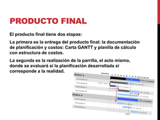 PRODUCTO FINAL
El producto final tiene dos etapas:
La primera es la entrega del producto final: la documentación
de planificación y costos: Carta GANTT y planilla de cálculo
con estructura de costos.
La segunda es la realización de la parrilla, el acto mismo,
donde se evaluará si la planificación desarrollada si
corresponde a la realidad.
 