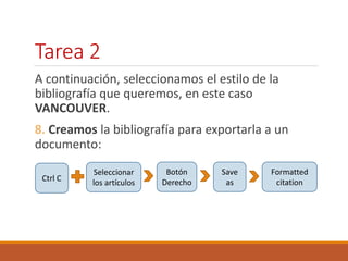 Tarea 2 
A continuación, seleccionamos el estilo de la 
bibliografía que queremos, en este caso 
VANCOUVER. 
8. Creamos la bibliografía para exportarla a un 
documento: 
Ctrl C 
Seleccionar 
los artículos 
Botón 
Derecho 
Save 
as 
Formatted 
citation 
 