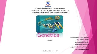Genética
REPÚBLICA BOLIVARIANA DE VENEZUELA
MINISTERIO DE EDUCACIÓN CULTURA Y DEPORTES
UNIVERSIDAD YACAMBÚ ARQUISIMETO EDO. LARA
Alumno:
Camacaro María A; C.I.:14645667
(Exp. HPS-142-00068V)
Sección ED02D0V 2015-1
Especialidad: Psicología
Asignatura: Genética y Conducta
Prof.: Xiomara Rodríguez
San Felipe, 30 de Enero de 2015
(Tarea 2)
 