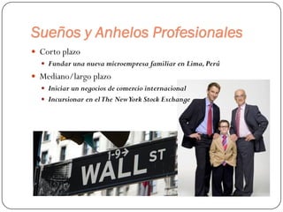 Sueños y Anhelos Profesionales
 Corto plazo
 Fundar una nueva microempresa familiar en Lima,Perú
 Mediano/largo plazo
 Iniciar un negocios de comercio internacional
 Incursionar en elThe NewYork Stock Exchange
 