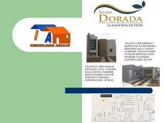 2 PLANTA S 3 RECAMARAS
EN PLANTA ALTA 1.5 BAÑOS
SALA, COCINA, COMEDOR ,
DESAYUNADOR, PATIO DE
SERVICIO Y COCHERA.
CONSTRUCCIÓN: 107.96 M².
1 PLANTA 3 RECAMARAS 2
BAÑOS (UNO EN RECAMARA
PRINCIPAL) SALA, COCINA,
COMEDOR , DESAYUNADOR,
PATIO DE SERVICIO, PATIO
INTERIOR Y COCHERA.
CONSTRUCCIÓN: 88.25 M².
 