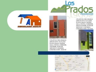 2 PLANTAS 3 RECAMARAS
(DOS PLANTA ALTA UNA
PLANTA BAJA) 2 BAÑOS
SALA, COCINA, COMEDOR,
VESTIDOR, PATIO DE
SERVICIO Y COCHERA.
CONSTRUCCIÓN: 108.88 M².
2 PLANTAS 4 RECAMARAS
(DOS PLANTA ALTA DOS
PLANTA BAJA) 2 BAÑOS
SALA, COCINA, COMEDOR,
DESAYUNADOR, PATIO DE
SERVICIO Y COCHERA.
CONSTRUCCIÓN: 103.45 M².
 