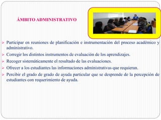 ÁMBITO ADMINISTRATIVO
 Participar en reuniones de planificación e instrumentación del proceso académico y
administrativo.
 Corregir los distintos instrumentos de evaluación de los aprendizajes.
 Recoger sistemáticamente el resultado de las evaluaciones.
 Ofrecer a los estudiantes las informaciones administrativas que requieran.
 Percibir el grado de grado de ayuda particular que se desprende de la percepción de
estudiantes con requerimiento de ayuda.
 