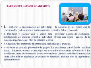 TAREAS DELASESOR ACADEMICO
 1.- Elaborar la programación de actividades de asesoría en los cursos que le
corresponden y de acuerdo a los lineamientos recibidos del nivel central.
 2..-Planificar y ejecutar con el grupo para presentar planes de evaluación,
señalamiento de asesoría grupal e individual, ofrecer una visión general de la
materia, importancia del plan de estudios y otros.
 3.-Organizar los ambientes de aprendizaje individuales y grupales.
 4.-Atender en consulta personal o de grupo a los estudiantes con el fin de : resolver
dudas , informar, orientar y participar en el estudio, suministrar información a los
estudiantes sobre los resultados de sus evaluaciones , indicar actividades remédiales
sobre la base de los resultados de evaluación obtenidos, elaborar plan de seguimiento
del rendimiento.
 