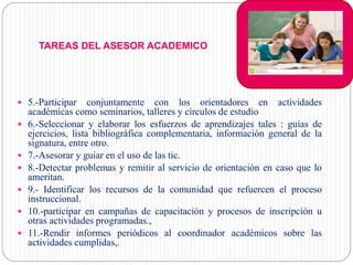 TAREAS DEL ASESOR ACADEMICO
 5.-Participar conjuntamente con los orientadores en actividades
académicas como seminarios, talleres y círculos de estudio
 6.-Seleccionar y elaborar los esfuerzos de aprendizajes tales : guías de
ejercicios, lista bibliográfica complementaria, información general de la
signatura, entre otro.
 7.-Asesorar y guiar en el uso de las tic.
 8.-Detectar problemas y remitir al servicio de orientación en caso que lo
ameritan.
 9.- Identificar los recursos de la comunidad que refuercen el proceso
instruccional.
 10.-participar en campañas de capacitación y procesos de inscripción u
otras actividades programadas.,
 11.-Rendir informes periódicos al coordinador académicos sobre las
actividades cumplidas,.
 