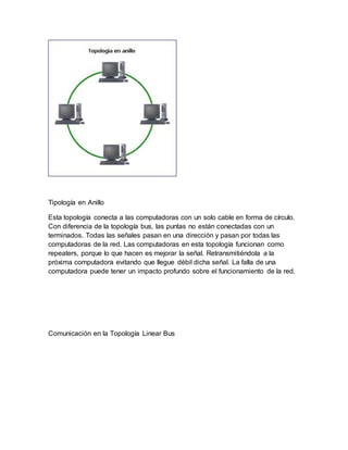 Tipología en Anillo
Esta topología conecta a las computadoras con un solo cable en forma de círculo.
Con diferencia de la topología bus, las puntas no están conectadas con un
terminados. Todas las señales pasan en una dirección y pasan por todas las
computadoras de la red. Las computadoras en esta topología funcionan como
repeaters, porque lo que hacen es mejorar la señal. Retransmitiéndola a la
próxima computadora evitando que llegue débil dicha señal. La falla de una
computadora puede tener un impacto profundo sobre el funcionamiento de la red.
Comunicación en la Topología Linear Bus
 