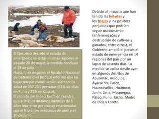 Debido al impacto que han
tenido las heladas y
los friajes y los posibles
perjuicios que podrían
seguir ocasionando
(enfermedades y
destrucción de cultivos y
ganados, entre otros), el
Gobierno amplió el jueves el
estado de emergencia en 14
regiones del país por un
lapso de sesenta días. La
medida se aplica desde ayer
en algunos distritos de
Apurímac, Arequipa,
Ayacucho, Cusco,
Huancavelica, Huánuco,
Junín, Lima, Moquegua,
Pasco, Puno, Tacna, Madre
de Dios y Loreto.
El Ejecutivo decretó el estado de
emergencia en estas mismas regiones el
pasado 20 de mayo; la medida concluyó
el 19 de julio.
Hasta fines de junio, el Instituto Nacional
de Defensa Civil (Indeci) informó que las
bajas temperaturas habían afectado la
salud de 257.251 personas (51% de ellas
en Puno y 21% en Cusco).
El reporte del Indeci también registró
que al menos 48 niños menores de 5
años murieron por causas relacionadas
con el frío entre mediados de abril y el
20 de junio.
 