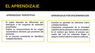 APRENDIZAJE PERCEPTIVO
 El sujeto descubre las diferencias que
distinguen a los conjuntos de estímulos
presentados
 Implica un reconocimiento de los rasgos
característicos (factores que provienen del
estímulo).
 Es un proceso consistente en identificar
unidades familiares
APRENDIZAJE POR DISCRIMINACION
 Consiste en aprender las relaciones entre
unidades familiares
 Importante componente de la actividad
cognitiva de las personas a todas las edades
 Es el nombre que damos al proceso por
medio del cual los estímulos llegan a
adquirir control selectivo sobre la conducta.
 