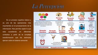 Es un proceso cognitivo básico y
es una de las operaciones más
importantes en el procesamiento de la
información. Nos permite captar lo que
esta sucediendo en diferentes
contextos a partir de la compleja
transformación que los estímulos
ejercen sobre el sistema sensorial.
 