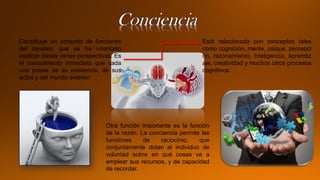 Constituye un conjunto de funciones
del cerebro, que se ha intentado
explicar desde varias perspectivas. Es
el conocimiento inmediato que cada
uno posee de su existencia, de sus
actos y del mundo exterior.
Está relacionada con conceptos tales
como cognición, mente, psique, percepci
ón, razonamiento, inteligencia, aprendiz
aje, creatividad y muchos otros procesos
cognitivos.
Otra función importante es la función
de la razón. La conciencia permite las
funciones de raciocinio, que
conjuntamente dotan al individuo de
voluntad sobre en qué cosas va a
emplear sus recursos, y de capacidad
de recordar.
 