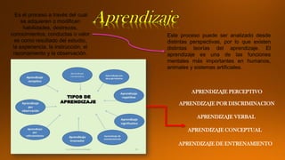 Es el proceso a través del cual
se adquieren o modifican
habilidades, destrezas,
conocimientos, conductas o valor
es como resultado del estudio,
la experiencia, la instrucción, el
razonamiento y la observación.
APRENDIZAJE PERCEPTIVO
APRENDIZAJE POR DISCRIMINACION
APRENDIZAJE VERBAL
APRENDIZAJE CONCEPTUAL
APRENDIZAJE DE ENTRENAMIENTO
Este proceso puede ser analizado desde
distintas perspectivas, por lo que existen
distintas teorías del aprendizaje. El
aprendizaje es una de las funciones
mentales más importantes en humanos,
animales y sistemas artificiales.
 