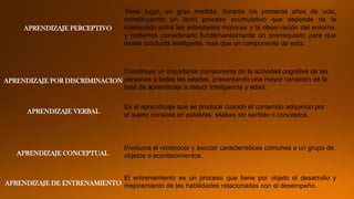 APRENDIZAJE PERCEPTIVO
APRENDIZAJE POR DISCRIMINACION
APRENDIZAJE VERBAL
APRENDIZAJE CONCEPTUAL
APRENDIZAJE DE ENTRENAMIENTO
Tiene lugar, en gran medida, durante los primeros años de vida,
constituyendo un lento proceso acumulativo que depende de la
interacción entre las actividades motrices y la observación del entorno,
y podemos considerarlo fundamentalmente un prerrequisito para que
exista conducta inteligente, mas que un componente de esta.
Constituye un importante componente de la actividad cognitiva de las
personas a todas las edades, presentando una mayor variación de la
tasa de aprendizaje a mayor inteligencia y edad.
Es el aprendizaje que se produce cuando el contenido adquirido por
el sujeto consiste en palabras, silabas sin sentido o conceptos.
Involucra el reconocer y asociar características comunes a un grupo de
objetos o acontecimientos.
El entrenamiento es un proceso que tiene por objeto el desarrollo y
mejoramiento de las habilidades relacionadas con el desempeño.
 