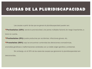 Las causas a partir de las que se genera la pluridiscapacidad pueden ser:
Perinatales (15%): siendo la prematuridad y los partos múltiples factores de riesgo importantes, a
tener en cuenta.
Postnatales (5%): puede producirse por accidentes, infecciones graves, etc.
Prenatales (50%): aquí se encuentran contenidas las alteraciones cromosómicas,
anomalías genéticas o malformaciones cerebrales con un doble origen genético y ambiental.
Sin embargo, en el 20% de los casos las causas que generaron la pluridiscapacidad son
desconocidas.
CAUSAS DE LA PLURIDISCAPACIDAD
 