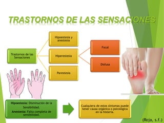Trastornos de las
Sensaciones
Hipoestesia y
anestesia
Hiperestesia
Focal
Disfusa
Parestesia
(Roja, s.f.)
Hipoestesia: Disminución de la
Sensibilidad.
Anestesia: Falta completa de
sensibilidad.
Cualquiera de estos síntomas puede
tener causa orgánica o psicológica
en la histeria.
TRASTORNOS DE LAS SENSACIONES
 