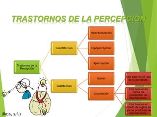 Trastornos de la
Percepción
Cuantitativos
Hiperpercepción
Hipopercepción
Apercepción
Cualitativos
Ilusión
Alucinación
Con base en el tipo
de lo percibido.
Con base en la
forma de
producirse las
alucinaciones.
Con base en el
estado de vigilia en
que se producen las
alucinaciones.
TRASTORNOS DE LA PERCEPCIÓN
(Roja, s.f.)
 