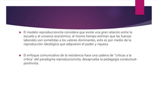  El modelo reproduccioncita considera que existe una gran relación entre la
escuela y el universo económico, al mismo tiempo estiman que las fuerzas
laborales son sometidas a los valores dominantes, esto es por medio de la
reproducción ideológica que adquieren el poder y riqueza.
 El enfoque comunicativo de la resistencia hace una cadena de “criticas a la
critica” del paradigma reproduccioncita; desaprueba la pedagogía conductual-
positivista.
 