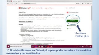 1º. Nos identificamos en Dialnet plus para poder acceder a los servicios
avanzados y personalizados.
Acceso a
Dialnet plus
 