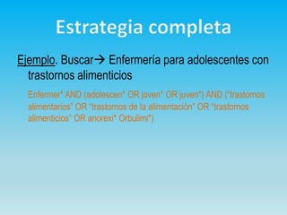Ejemplo. Buscar Enfermería para adolescentes con
trastornos alimenticios
Enfermer* AND (adolescen* OR joven* OR juven*) AND (“trastornos
alimentarios” OR “trastornos de la alimentación” OR “trastornos
alimenticios” OR anorexi* Orbulimi*)
 