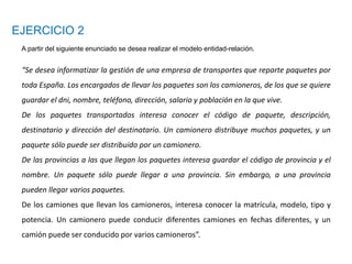 EJERCICIO 2
A partir del siguiente enunciado se desea realizar el modelo entidad-relación.
“Se desea informatizar la gestión de una empresa de transportes que reparte paquetes por
toda España. Los encargados de llevar los paquetes son los camioneros, de los que se quiere
guardar el dni, nombre, teléfono, dirección, salario y población en la que vive.
De los paquetes transportados interesa conocer el código de paquete, descripción,
destinatario y dirección del destinatario. Un camionero distribuye muchos paquetes, y un
paquete sólo puede ser distribuido por un camionero.
De las provincias a las que llegan los paquetes interesa guardar el código de provincia y el
nombre. Un paquete sólo puede llegar a una provincia. Sin embargo, a una provincia
pueden llegar varios paquetes.
De los camiones que llevan los camioneros, interesa conocer la matrícula, modelo, tipo y
potencia. Un camionero puede conducir diferentes camiones en fechas diferentes, y un
camión puede ser conducido por varios camioneros”.
 