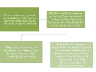 Placer: satisfacción o gusto de
una sensación agradable que un
individuo siente respecto a la
realización de alguna actividad.
El placer resulta ser siempre
una sensación o sentimiento
de tipo positivo. Este esta
ligado a la disminución de las
cantidades de excitación.
Displacer: sentimiento de
insatisfacción y tristeza. Esta
ligado al aumento de las
cantidades de excitación
Sigmund Freud dijo que el
conjunto de la actividad psíquica,
tiene como finalidad evitar el
displacer y procurar el placer,
considera que el placer y el
displacer son dos de los
principios que rigen el
funcionamiento mental
 