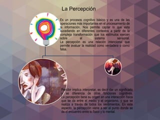 La Percepción
Es un procesos cognitivo básico y es una de las
operaciones más importantes en el procesamiento de
la información. Nos permite captar lo que esta
sucediendo en diferentes contextos a partir de la
compleja transformación que los estímulos ejercen
sobre el sistema sensorial.
La percepción es una relación intencional que
permite avaluar la realidad como verdadera o como
falsa.
Percibir implica interpretar, es decir dar un significado
y se diferencia de otras funciones cognitivas.
La percepción tiene su origen en una interacción física
que se da entre el medio y el organismo, y que se
realiza a través de todos los sentimientos. En este
aspecto, la percepción viene a ser el punto donde se
da el encuentro entre lo físico y lo mental.
 