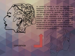 La conciencia engloba a varios procesos mentales
entrelazados o no, que no han sido completamente
descifrados por la fisiología. Es un conjunto de funciones
con diferentes grados de desarrollo, que entre otras,
catalogan las cosas como buenas y malas. Otra función
importante y más desarrollada de la conciencia es la
función de la razón. La conciencia permite las funciones de
raciocinio, que conjuntamente dotan al individuo de
voluntad sobre en qué cosas va a emplear sus recursos, y
de capacidad de recordar, que le permitirá refinar futuras
acciones o la capacidad de transmitir a los demás. Dotando
con todo ello de voluntad al individuo.
conciencia
 
