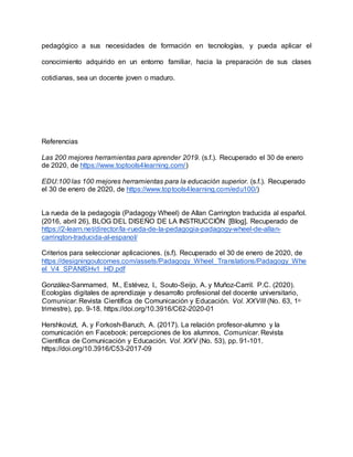 pedagógico a sus necesidades de formación en tecnologías, y pueda aplicar el
conocimiento adquirido en un entorno familiar, hacia la preparación de sus clases
cotidianas, sea un docente joven o maduro.
Referencias
Las 200 mejores herramientas para aprender 2019. (s.f.). Recuperado el 30 de enero
de 2020, de https://www.toptools4learning.com/)
EDU:100 las 100 mejores herramientas para la educación superior. (s.f.). Recuperado
el 30 de enero de 2020, de https://www.toptools4learning.com/edu100/)
La rueda de la pedagogía (Padagogy Wheel) de Allan Carrington traducida al español.
(2016, abril 26), BLOG DEL DISEÑO DE LA INSTRUCCIÓN [Blog]. Recuperado de
https://2-learn.net/director/la-rueda-de-la-pedagogia-padagogy-wheel-de-allan-
carrington-traducida-al-espanol/
Criterios para seleccionar aplicaciones. (s.f). Recuperado el 30 de enero de 2020, de
https://designingoutcomes.com/assets/Padagogy_Wheel_Translations/Padagogy_Whe
el_V4_SPANISHv1_HD.pdf
González-Sanmamed, M., Estévez, I., Souto-Seijo, A. y Muñoz-Carril. P.C. (2020).
Ecologías digitales de aprendizaje y desarrollo profesional del docente universitario,
Comunicar. Revista Científica de Comunicación y Educación. Vol. XXVIII (No. 63, 1ᵒ
trimestre), pp. 9-18. https://doi.org/10.3916/C62-2020-01
Hershkovizt, A. y Forkosh-Baruch, A. (2017). La relación profesor-alumno y la
comunicación en Facebook: percepciones de los alumnos, Comunicar. Revista
Científica de Comunicación y Educación. Vol. XXV (No. 53), pp. 91-101.
https://doi.org/10.3916/C53-2017-09
 