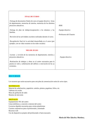 FINAL DE CURSO
-Entrega de documentos finales de curso al equipo directivo: Actas
de departamento, memorias de tutorías, memorias de los distintos
proyectos educativos.
-Entrega de plan de trabajo/recuperación a los alumnos y las
familias.
-Revisión de las actividades escolares realizadas durante el curso.
-Recopilación final de la actividad desarrollada en el curso (por
ejemplo, con un vídeo resumen en las redes sociales)
-RMI
-Equipo directivo
-Profesores del Claustro
MES DE JULIO
-Lectura y revisión de las memorias de departamento, tutorías y
proyectos educativos.
-Realización de trabajos y obras en el centro necesarias para la
puesta en valor y señalización del edificio o renovación de las ya
existentes.
-Equipo directivo
RECURSOS
Los recursos que serán necesarios para este plan de comunicación serán de varios tipos.
MATERIALES:
Material de señalización y papelería: carteles, pintura, pegatinas, folios, etc.
Tablones de corcho
Mesa de grabación de radio
Monitor de televisión
DIGITALES:
Equipamiento TIC del centro
Línea telefónica y conexión a internet del centro
Licencias digitales necesarias para ciertas plataformas
Cuentas corporativas para el profesorado y alumnado
Recursos web
Uso de dispositivos propios del profesorado si fuera necesario.
María del Mar Sánchez Martínez.
 