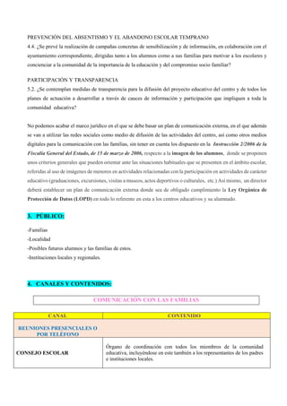 PREVENCIÓN DEL ABSENTISMO Y EL ABANDONO ESCOLAR TEMPRANO
4.4. ¿Se prevé la realización de campañas concretas de sensibilización y de información, en colaboración con el
ayuntamiento correspondiente, dirigidas tanto a los alumnos como a sus familias para motivar a los escolares y
concienciar a la comunidad de la importancia de la educación y del compromiso socio familiar?
PARTICIPACIÓN Y TRANSPARENCIA
5.2. ¿Se contemplan medidas de transparencia para la difusión del proyecto educativo del centro y de todos los
planes de actuación a desarrollar a través de cauces de información y participación que impliquen a toda la
comunidad educativa?
No podemos acabar el marco jurídico en el que se debe basar un plan de comunicación externa, en el que además
se van a utilizar las redes sociales como medio de difusión de las actividades del centro, así como otros medios
digitales para la comunicación con las familias, sin tener en cuenta los dispuesto en la Instrucción 2/2006 de la
Fiscalía General del Estado, de 15 de marzo de 2006, respecto a la imagen de los alumnos, donde se proponen
unos criterios generales que pueden orientar ante las situaciones habituales que se presenten en el ámbito escolar,
referidas al uso de imágenes de menores en actividades relacionadas con la participación en actividades de carácter
educativo (graduaciones, excursiones, visitas a museos, actos deportivos o culturales, etc.) Así mismo, un director
deberá establecer un plan de comunicación externa donde sea de obligado cumplimiento la Ley Orgánica de
Protección de Datos (LOPD) en todo lo referente en esta a los centros educativos y su alumnado.
3. PÚBLICO:
-Familias
-Localidad
-Posibles futuros alumnos y las familias de estos.
-Instituciones locales y regionales.
4. CANALES Y CONTENIDOS:
COMUNICACIÓN CON LAS FAMILIAS
CANAL CONTENIDO
REUNIONES PRESENCIALES O
POR TELÉFONO
CONSEJO ESCOLAR
Órgano de coordinación con todos los miembros de la comunidad
educativa, incluyéndose en este también a los representantes de los padres
e instituciones locales.
 