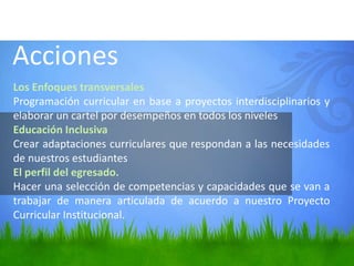 Acciones
Los Enfoques transversales
Programación curricular en base a proyectos interdisciplinarios y
elaborar un cartel por desempeños en todos los niveles
Educación Inclusiva
Crear adaptaciones curriculares que respondan a las necesidades
de nuestros estudiantes
El perfil del egresado.
Hacer una selección de competencias y capacidades que se van a
trabajar de manera articulada de acuerdo a nuestro Proyecto
Curricular Institucional.
 