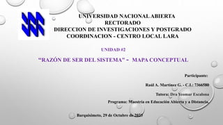 UNIVERSIDAD NACIONAL ABIERTA
RECTORADO
DIRECCION DE INVESTIGACIONES Y POSTGRADO
COORDINACION - CENTRO LOCAL LARA
UNIDAD #2
“RAZÓN DE SER DEL SISTEMA” - MAPA CONCEPTUAL
Participante:
Raúl A. Martínez G. - C.I.: 7366580
Tutora: Dra Yeomar Escalona
Programa: Maestría en Educación Abierta y a Distancia.
Barquisimeto, 29 de Octubre de 2023
 